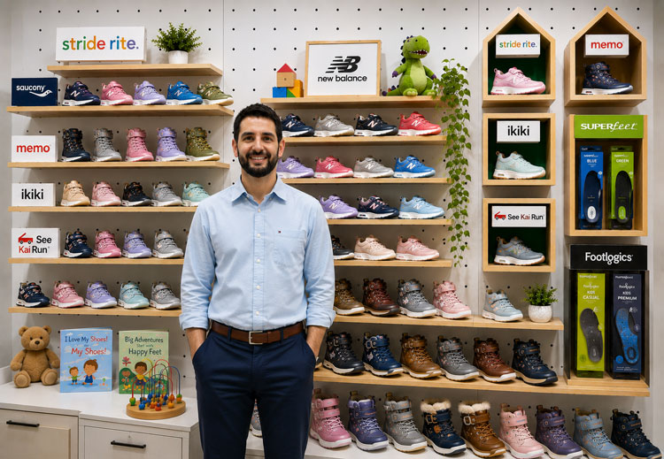 Juan Valenzuela, certified children’s shoe fitter, standing in a children’s shoe store surrounded by supportive kids’ shoes, orthotics, and insoles.