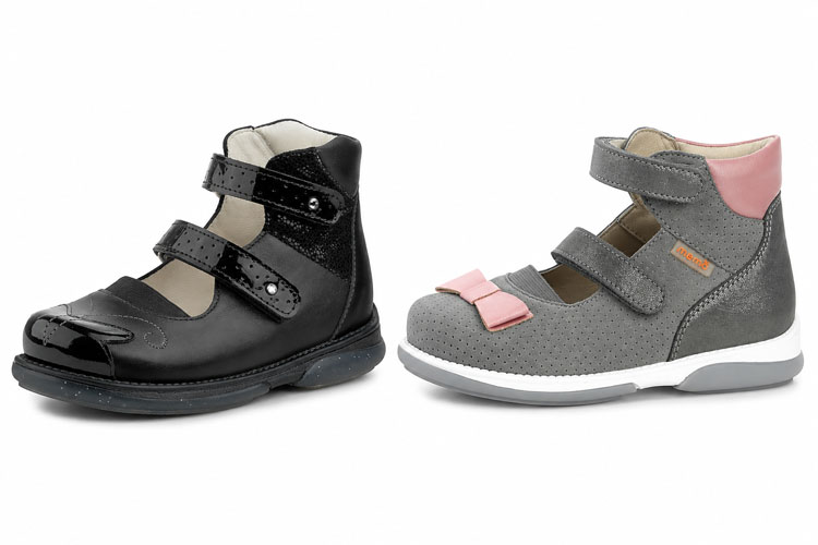 Memo orthopedic dress shoes for girls in black and gray with adjustable Velcro straps.