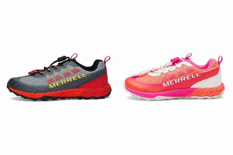 Merrell Agility Peak trail running shoes for kids with bungee laces and rugged outsoles.