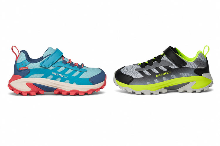 Merrell Moab Speed 2 waterproof hiking shoes for kids with adjustable Velcro straps.