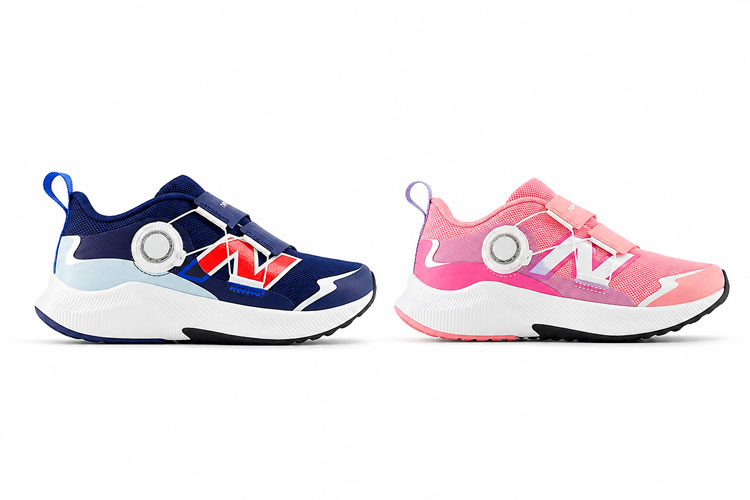 New Balance DynaSoft Reveal v4 BOA kids’ shoes in blue and pink with adjustable BOA closure.