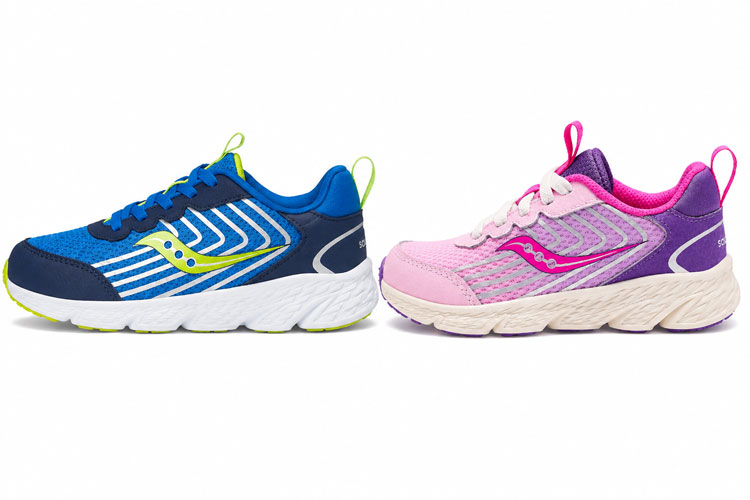 Blue and pink Saucony kids running shoes displayed side by side. Available in wide and extra wide widths, these lightweight lace-up sneakers provide a comfortable, supportive fit for children with wider feet.