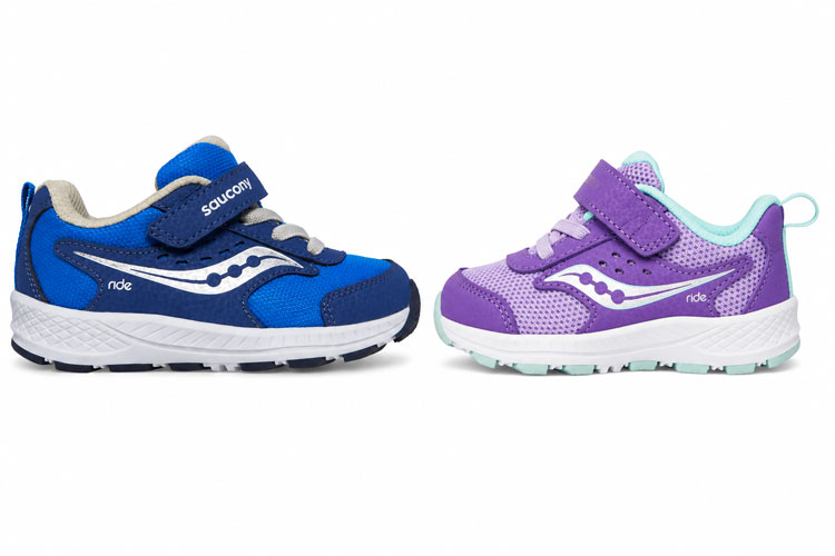 Blue and purple Saucony Ride AC 2 toddler sneakers with hook-and-loop closure displayed side by side on a white background.