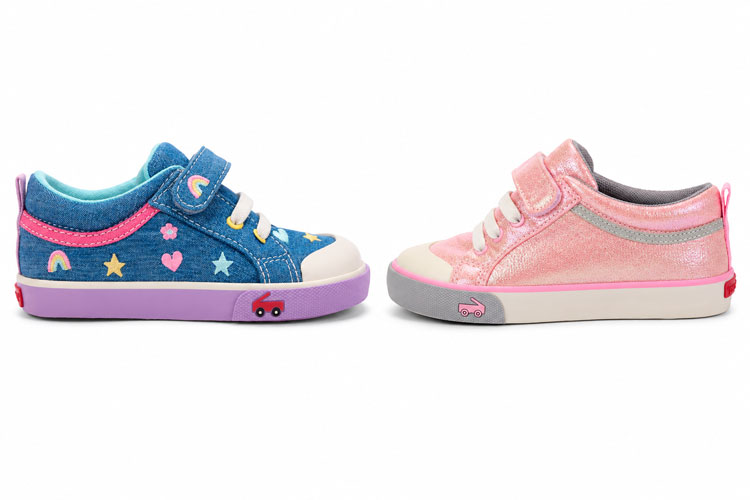 Chambray blue and metallic pink See Kai Run Dane toddler sneakers with hook-and-loop closure displayed side by side on a white background.
