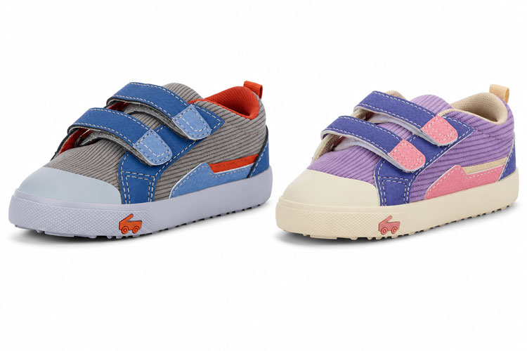 Blue and purple See Kai Run kids shoes with double Velcro straps displayed side by side. Designed for children with wide feet, these supportive sneakers provide easy on-and-off access and a comfortable fit.