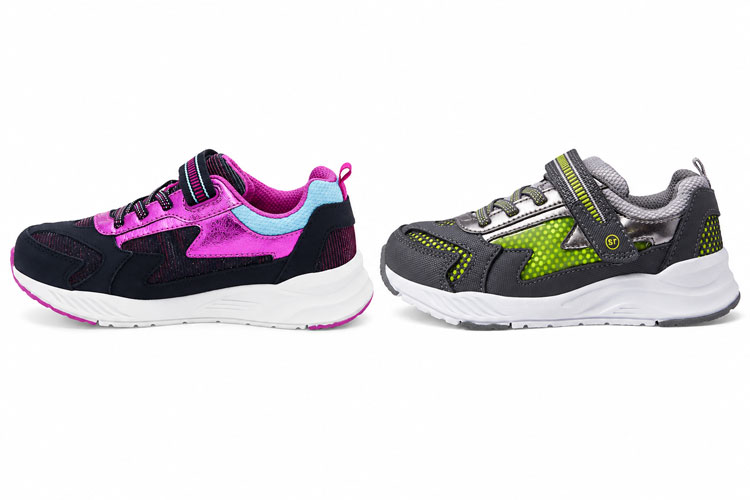 Stride Rite Light-Up Cosmic extra wide shoes for kids in black pink and gray neon.