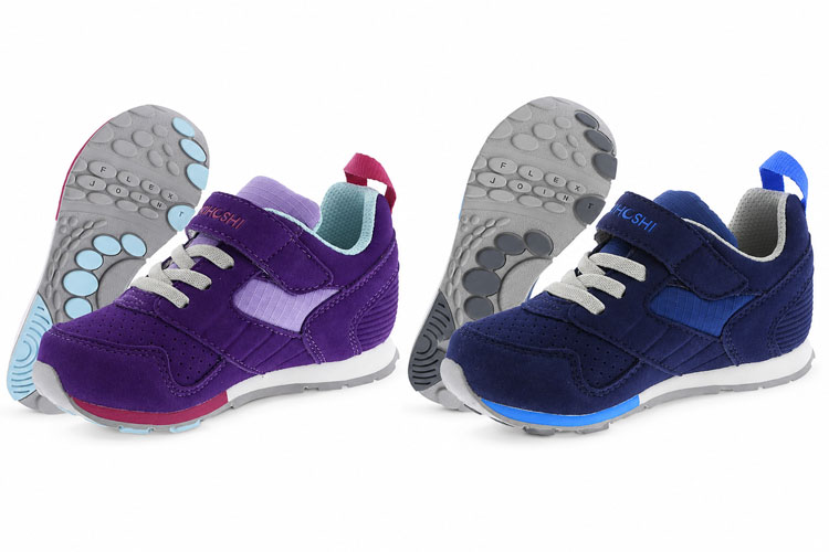 Purple and navy Tsukihoshi Racer toddler shoes with hook-and-loop closure and lightweight flexible soles displayed side by side on a white background.
