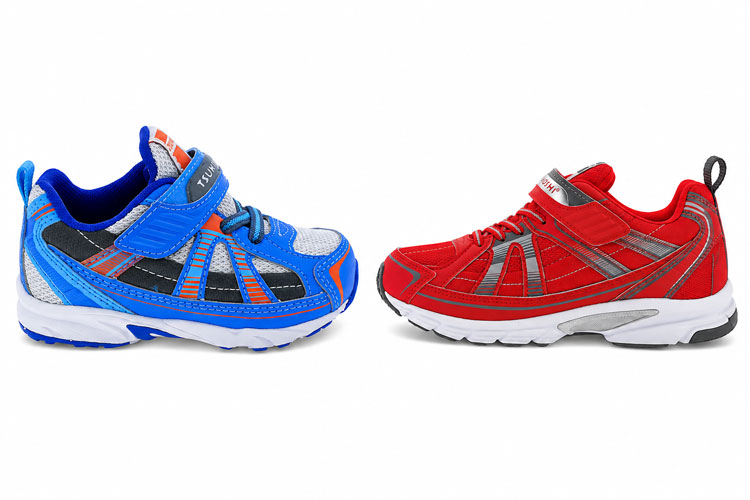 Blue and red Tsukihoshi Storm toddler running shoes with hook-and-loop closure and lightweight supportive design displayed side by side on a white background.