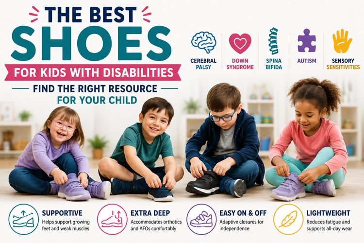Best shoes for kids with disabilities including cerebral palsy, Down syndrome, spina bifida, autism, and sensory sensitivities.
