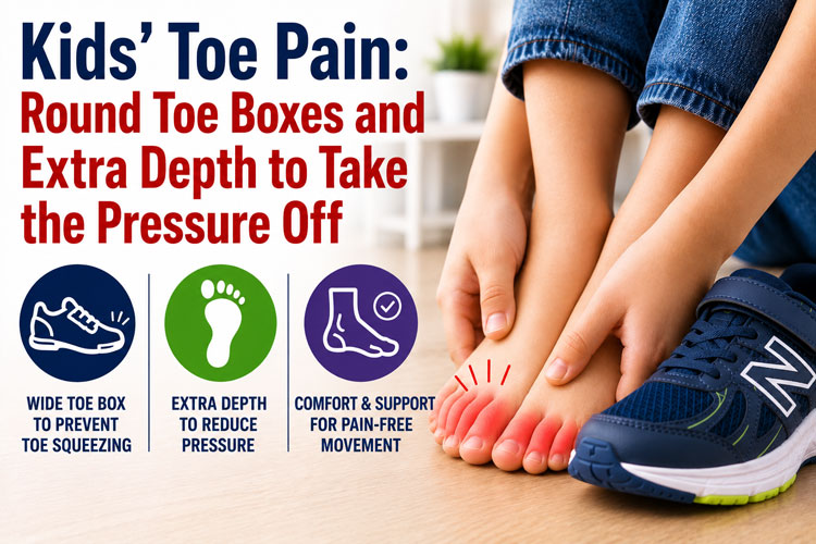 Kids’ toe pain relieved with round toe boxes and extra-depth shoes.