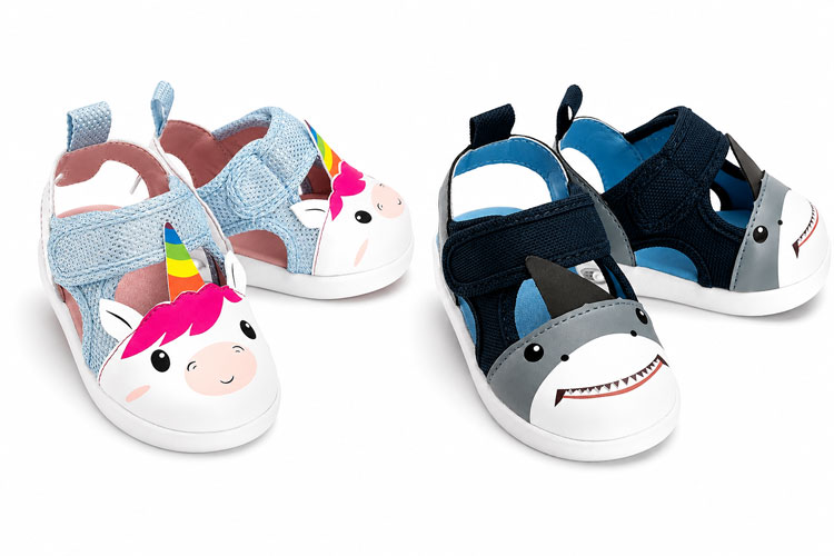 Unicorn and shark toddler shoes with wide openings and adjustable Velcro straps.