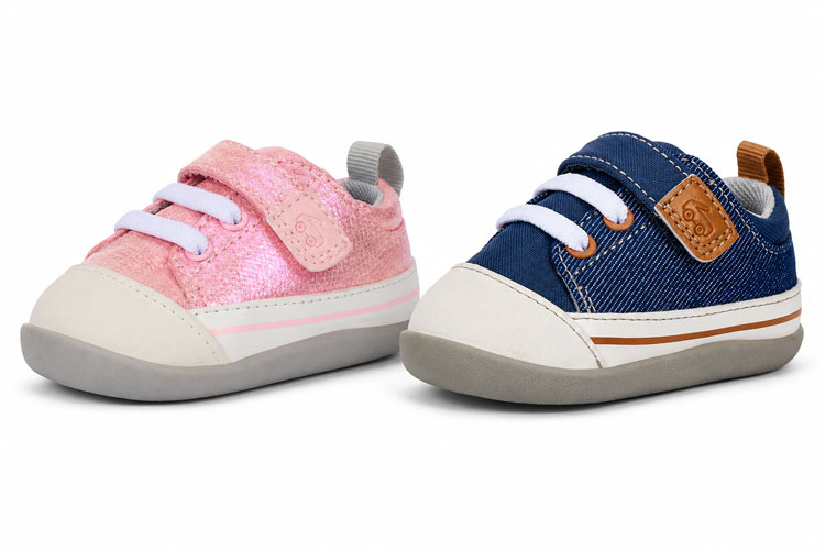 Pink and navy toddler shoes with wide toe boxes and Velcro closures.