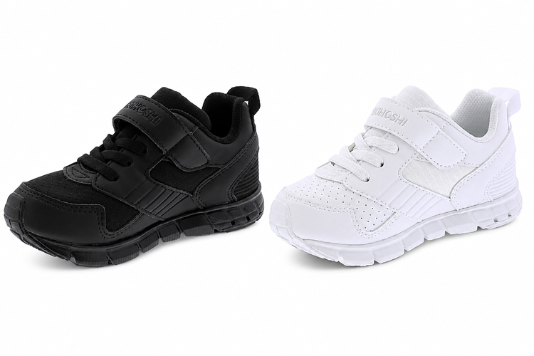 Tsukihoshi Charge BTS kids’ shoes in black and white with hook-and-loop straps.