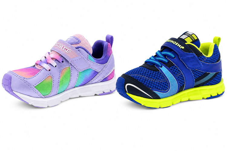 Tsukihoshi Rainbow and Velocity shoes for kids with hook-and-loop straps.