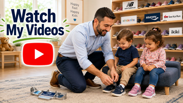 Children’s shoe fitter helping toddlers try on shoes with a Junior Brannock Device in a kids’ shoe store.