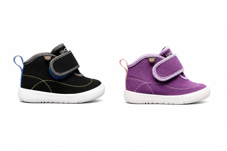 Black and purple Bobux waterproof shoes for toddlers with wide openings and Velcro straps.