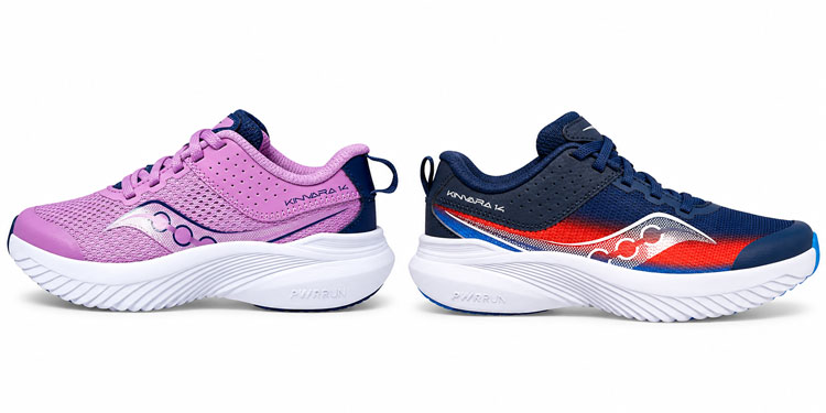 Saucony Kinvara running shoes for kids with lightweight cushioned outsoles.