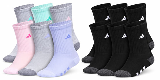 Adidas crew socks for kids in pastel colors and black.