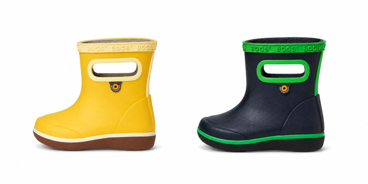 BOGS waterproof rain boots for kids with built-in handles and wide openings.