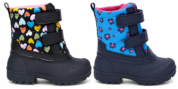 Carter’s kids’ snow boots with double Velcro straps and oversized openings.