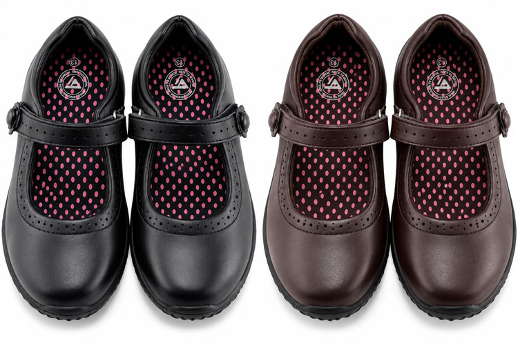 Girls’ Mary Jane school shoes in black and brown with rounded toe boxes.