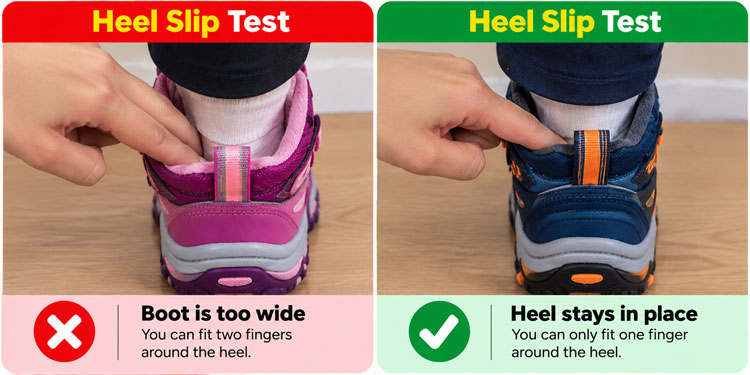 Heel slip test for kids’ boots showing two fingers for a loose fit and one finger for a secure fit.