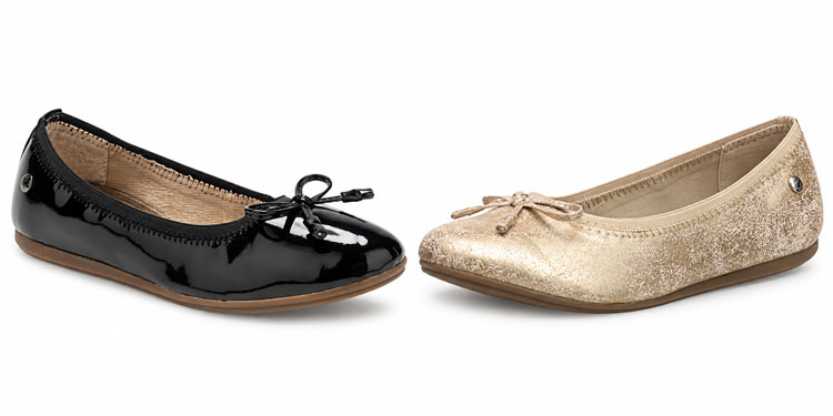 Hush Puppies ballet flats for girls with wide feet in black and gold.
