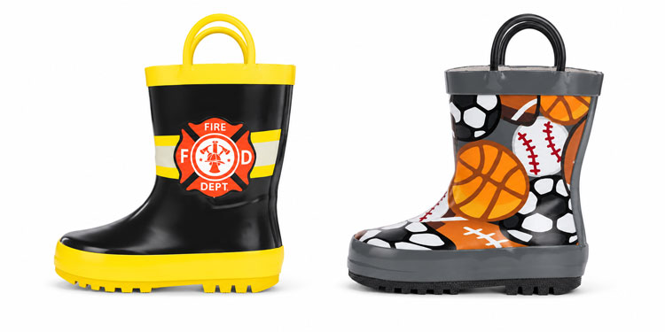 Kids’ waterproof rain boots with built-in handles and round toe boxes.
