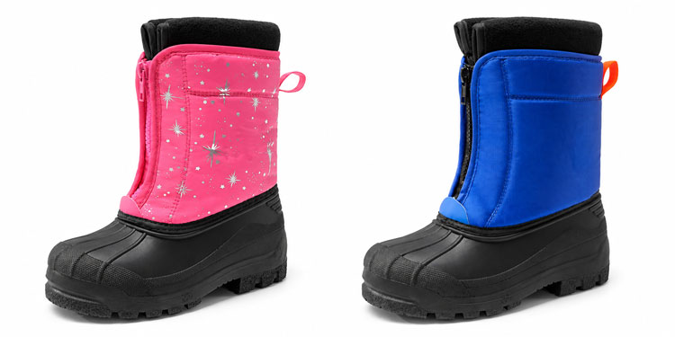 Kids’ snow boots with front zippers and removable liners.