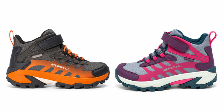 Merrell Moab Speed Mid waterproof hiking boots for kids with Velcro closures.