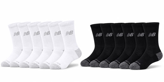New Balance crew socks for kids in white and black.