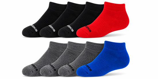 New Balance low-cut athletic socks for kids in black, gray, red, and blue.