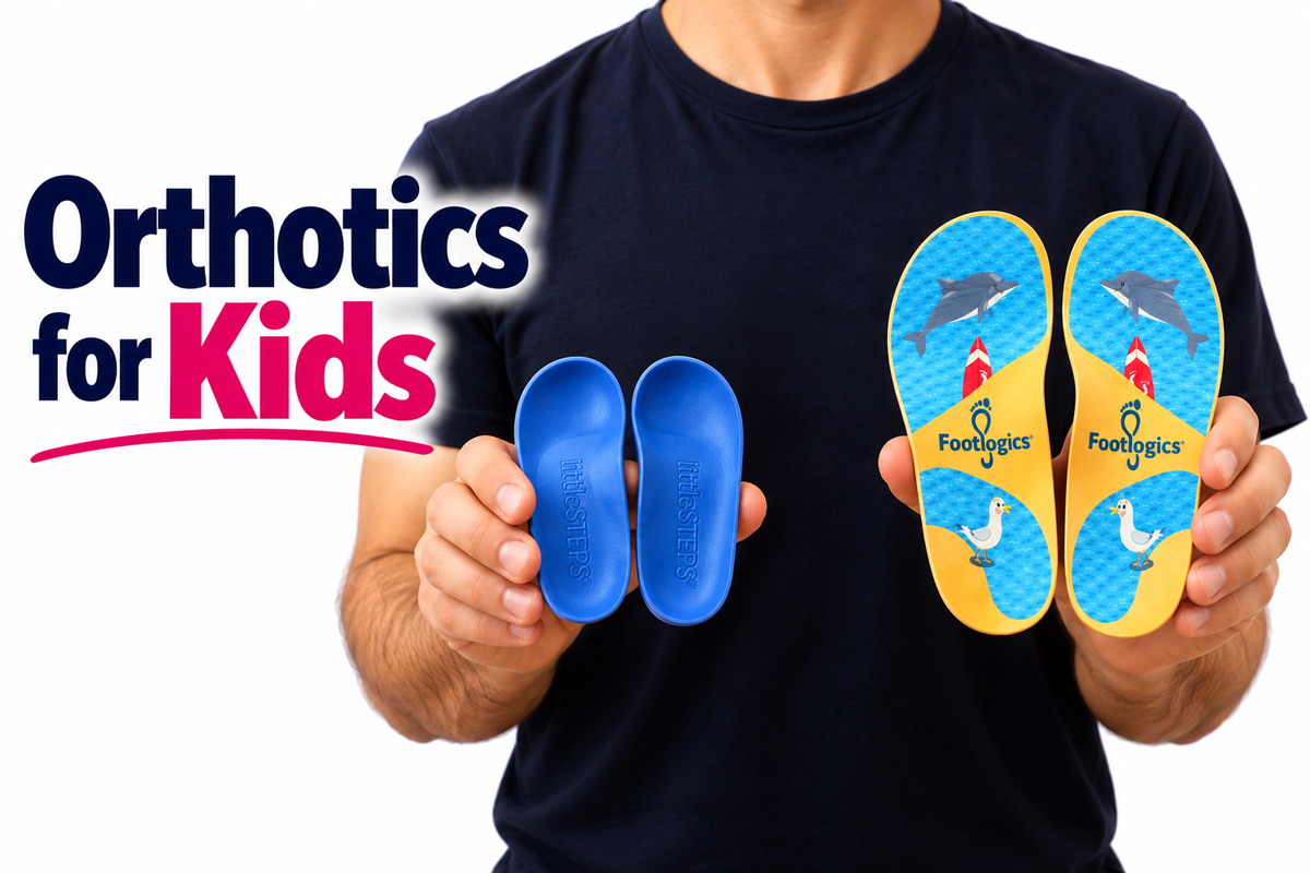 Orthotics for kids featuring littleSTEPS and Footlogics supportive inserts.