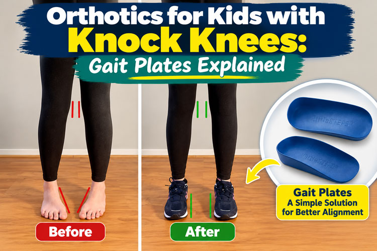 Orthotics for kids with knock knees showing before and after alignment with gait plates.