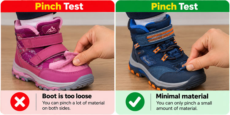 Pinch test for kids’ boots showing excess material compared to a snug, secure fit.
