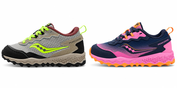 Saucony Peregrine Shield shoes for kids with hook-and-loop closures.