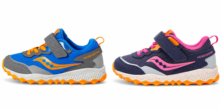 Saucony Peregrine Shield shoes for kids with hook-and-loop closures.