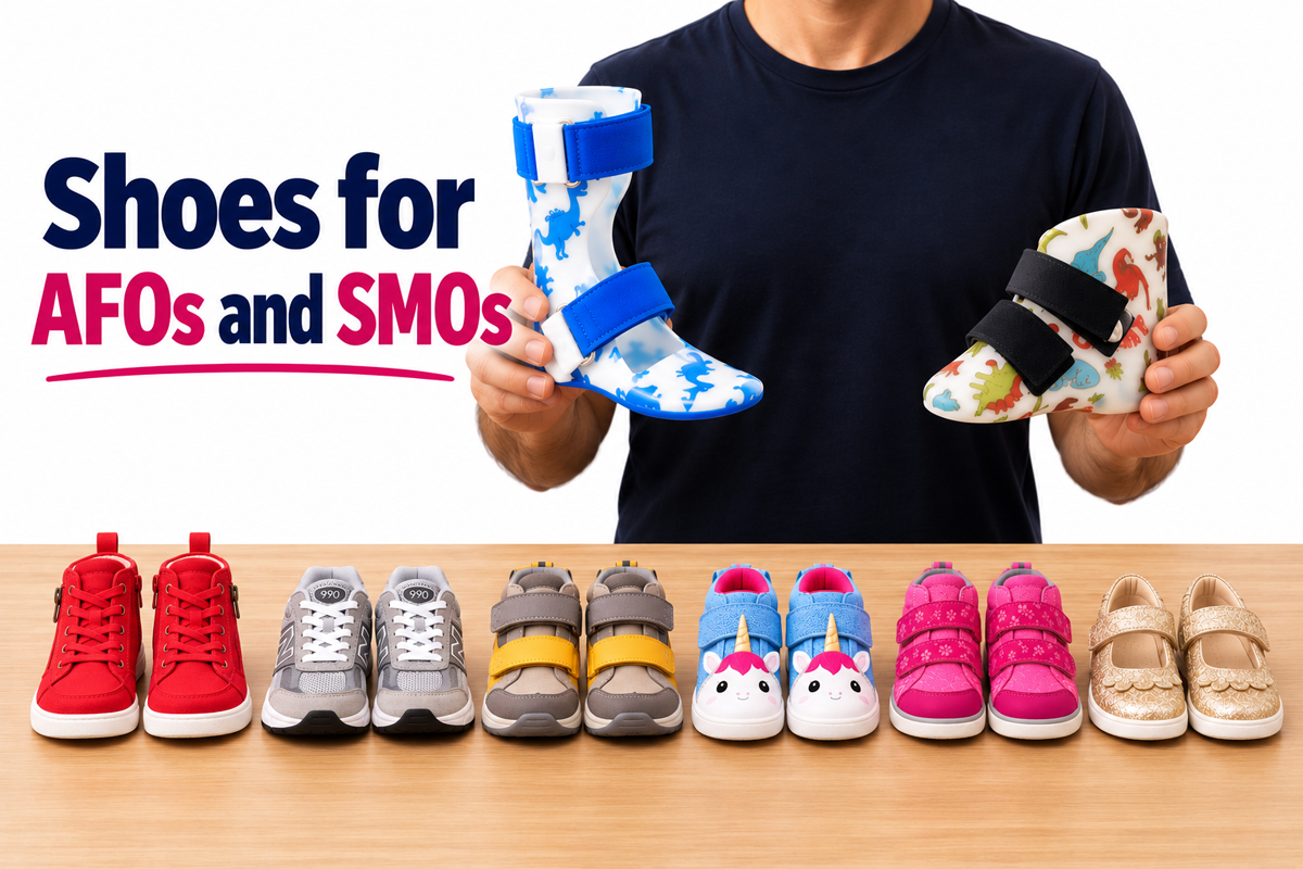 Shoes for AFOs and SMOs with a pediatric AFO, SMO, and orthotic-friendly kids’ shoes.
