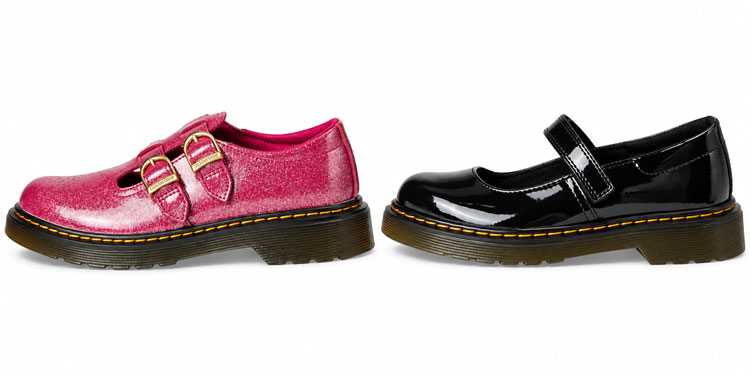 Supportive Dr. Martens Mary Jane shoes for kids in pink glitter and black patent styles.
