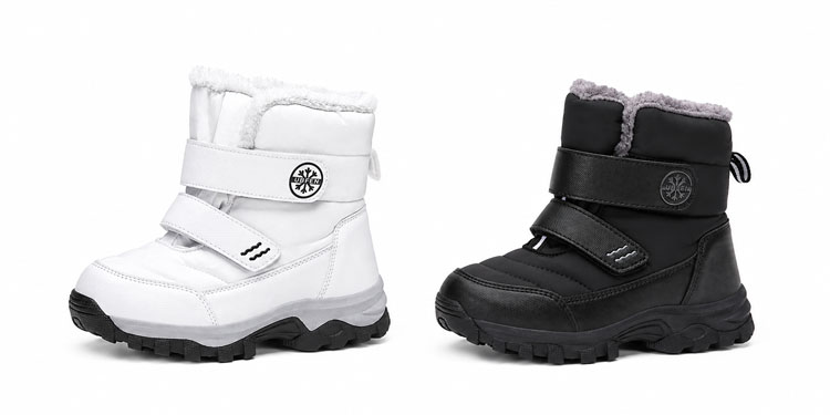 UBFEN kids’ snow boots with double Velcro straps and oversized openings.