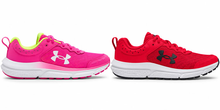 Under Armour running shoes for kids in pink and red color options.