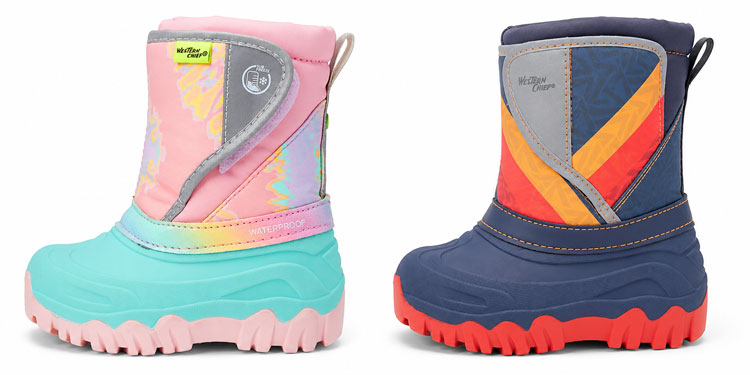Western Chief waterproof insulated snow boots for kids with oversized openings.