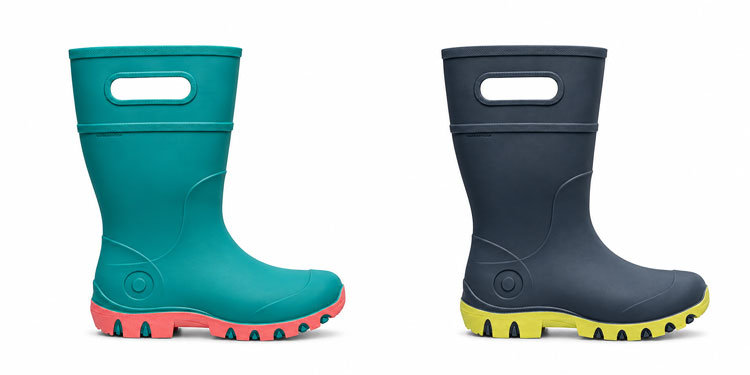 Wide rain boots for kids with built-in handles for easy on and off.