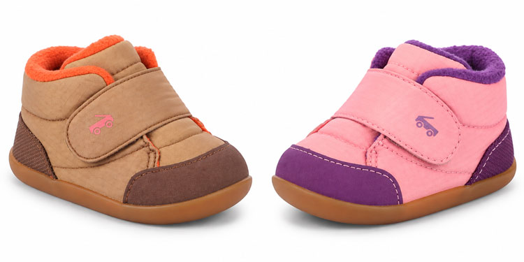 See Kai Run Casey high-top baby booties in tan and pink, featuring rounded toe boxes, extra depth, adjustable Velcro straps, and warm fleece lining for babies with wide feet and high insteps.