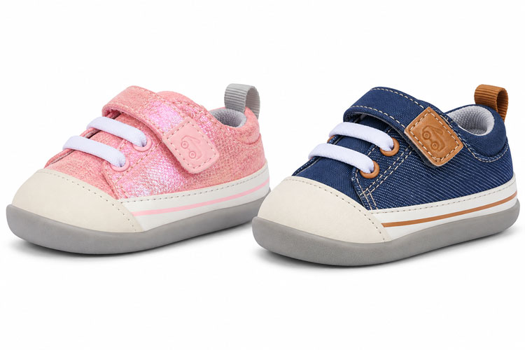 See Kai Run Stevie baby shoes in pink and navy, featuring rounded toe boxes, extra depth, and adjustable Velcro straps for babies with wide feet and high insteps.