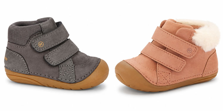 Stride Rite baby booties in gray and pink, featuring double adjustable Velcro straps, rounded toe boxes, and extra depth for babies with wide feet and high insteps.