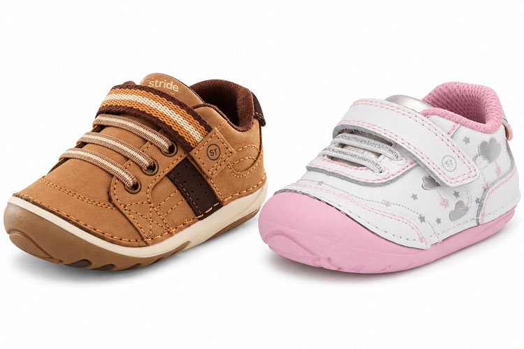 Stride Rite baby shoes in brown and pink, available in wide and extra wide widths, featuring rounded toe boxes, extra depth, and adjustable Velcro straps.