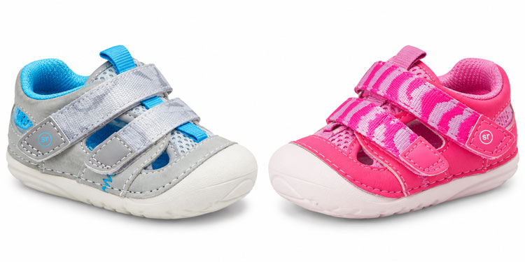 Stride Rite Gaia baby sandals in gray and blue and bright pink, featuring double adjustable Velcro straps, rounded toe boxes, and wide-width designs for babies with wide feet.