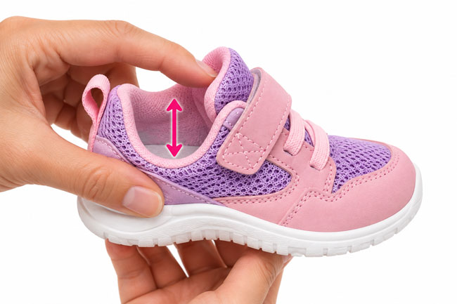 Hand holding a pink and purple baby shoe from the side, showing its extra depth and spacious interior with a vertical arrow highlighting the room inside the shoe.